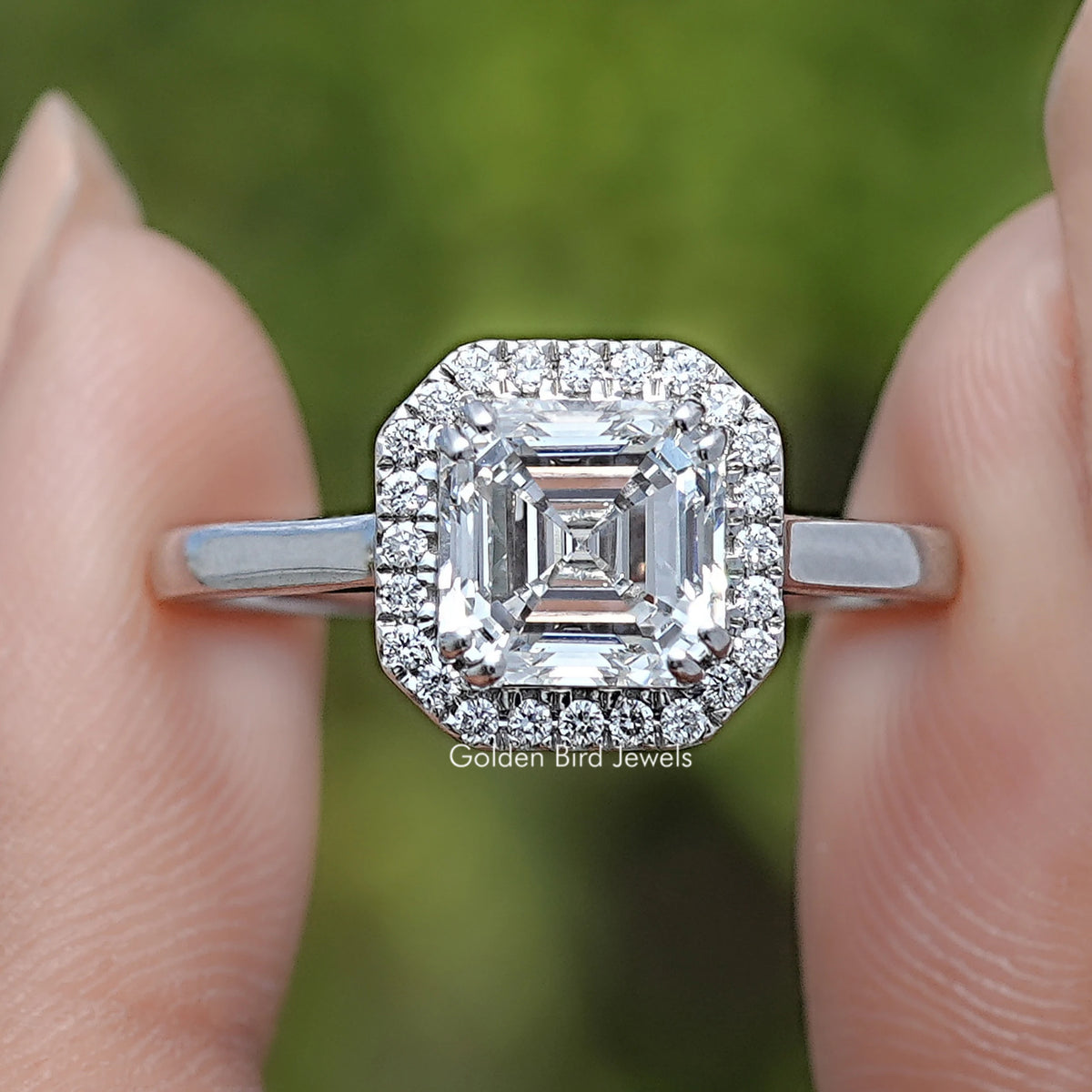 Front View of Asscher Cut Lab Diamond Halo Engagement Ring