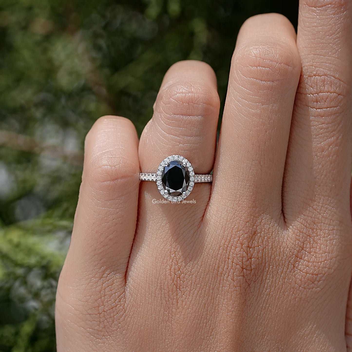 Black Oval Moissanite Gemstone Halo Engagement Ring