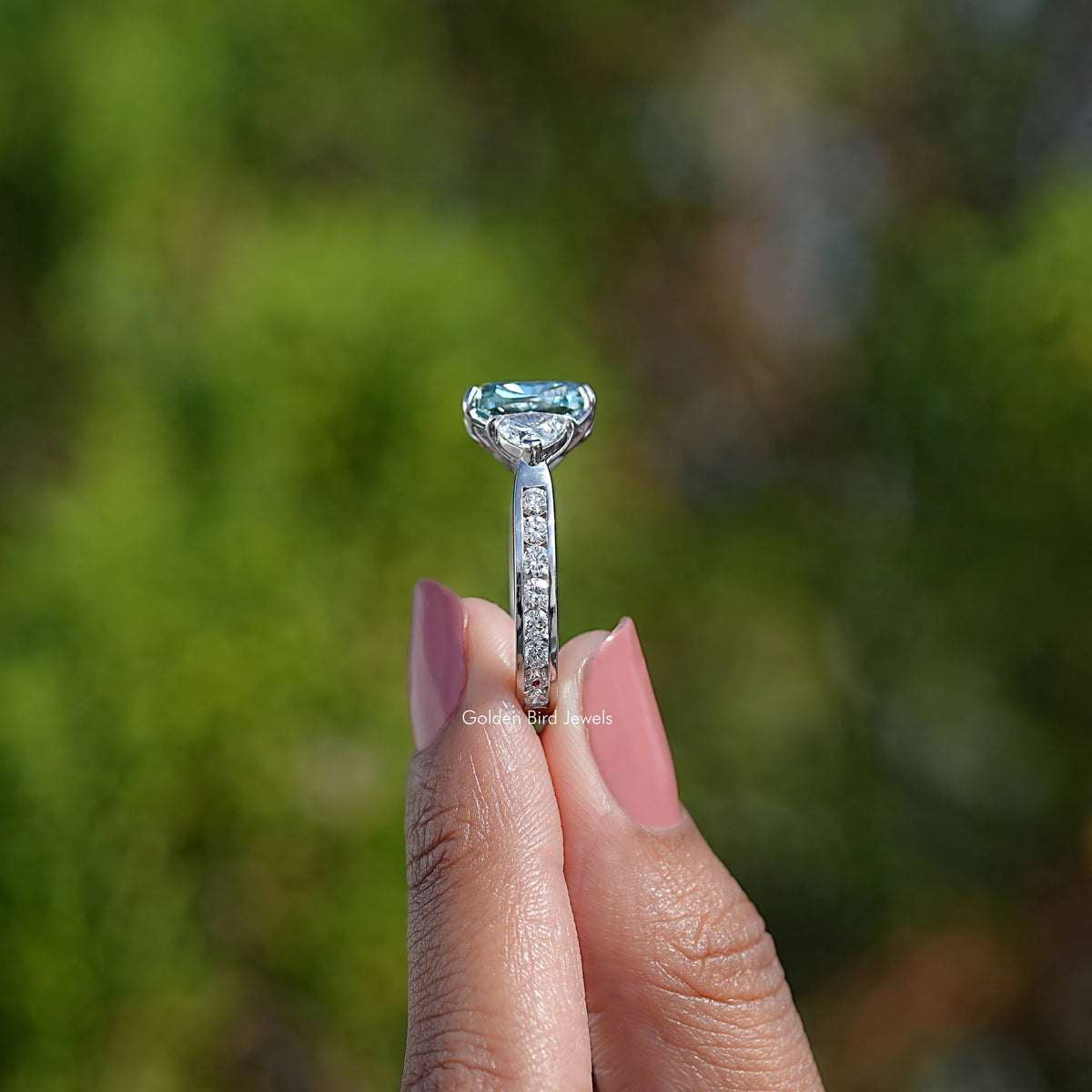 Side View Of Cushion Cut Moissanite Engagement Ring