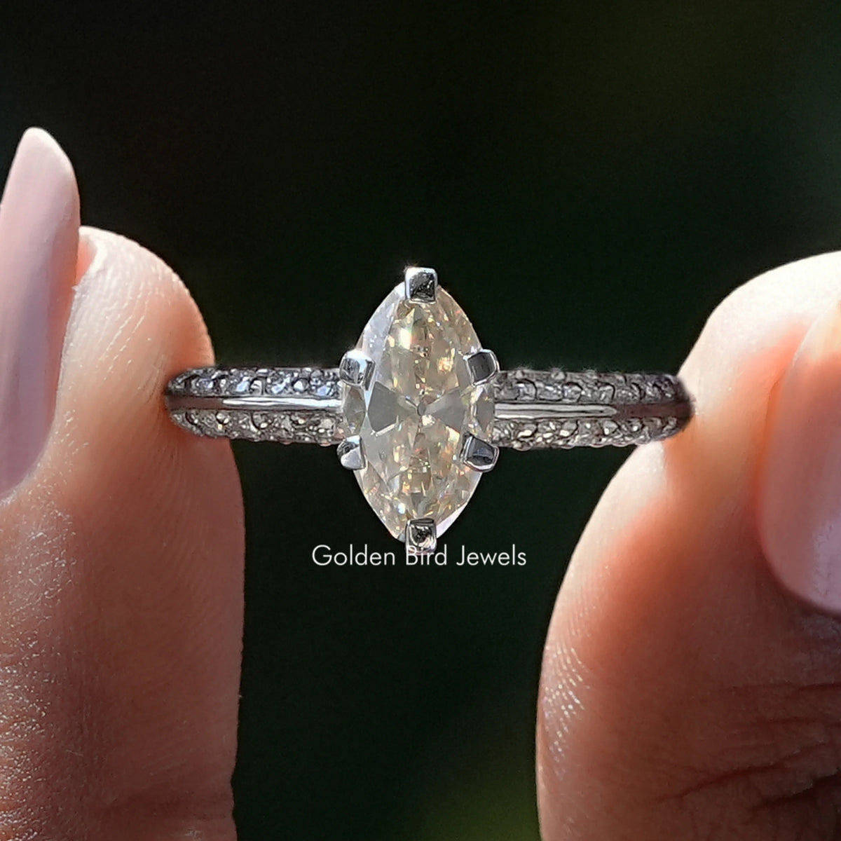 Off White Old Mine Moval Cut Moissanite Accent Ring