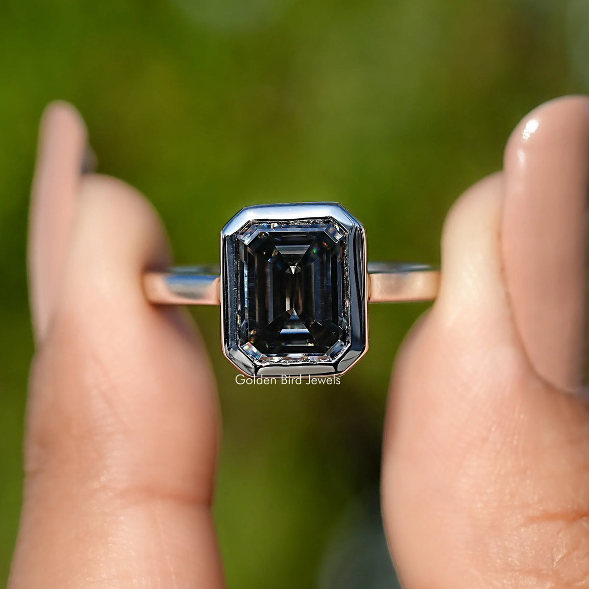Front View of Grey Emerald Cut Moissanite Solitaire Ring
