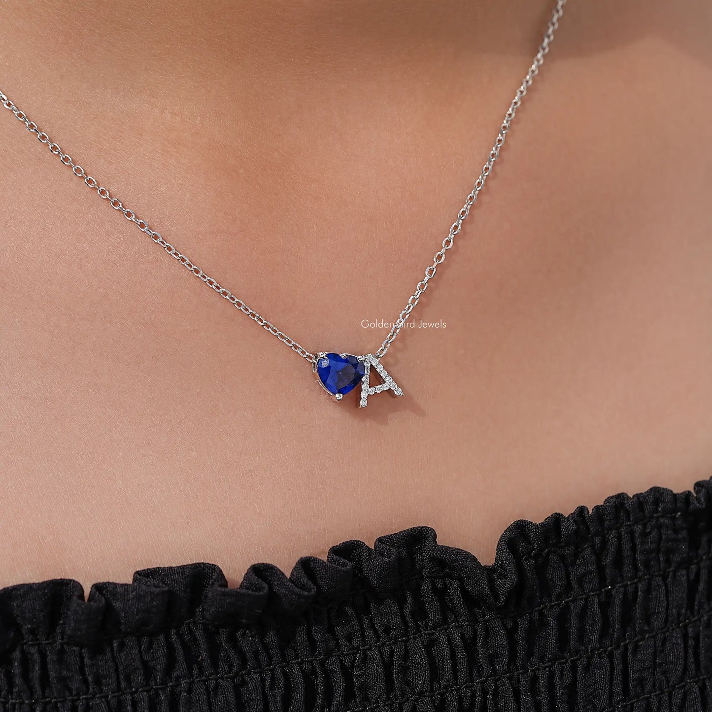 Heart Sapphire and Initial Letter Birthstone Pendant Necklace
