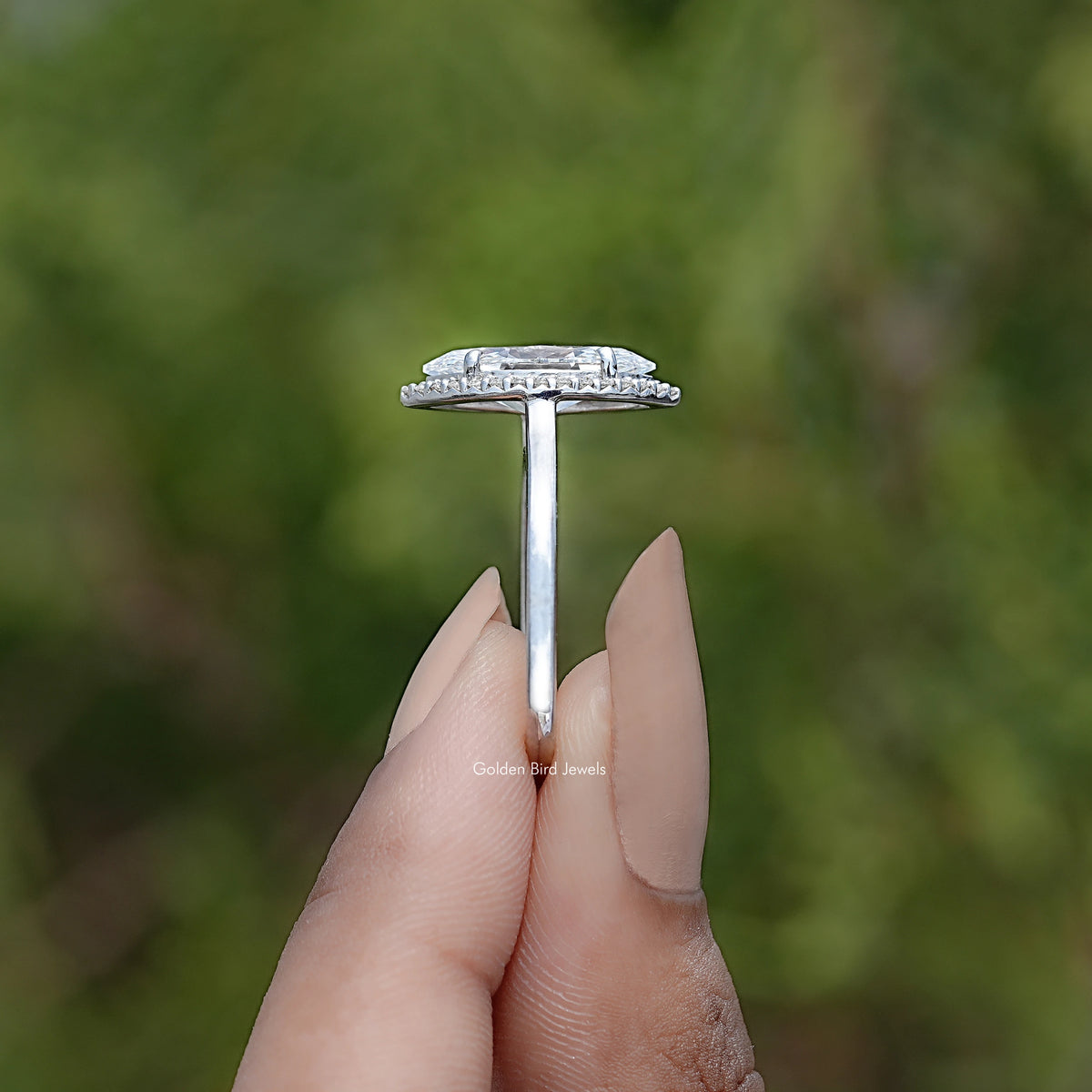 Side View Of Marquise Lab Diamond Halo Engagement Ring
