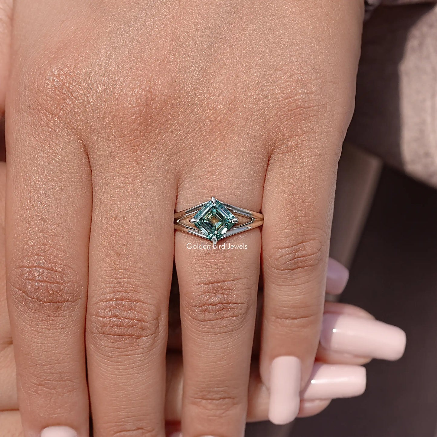 Asscher Cut Moissanite Gemstone Split Shank Ring