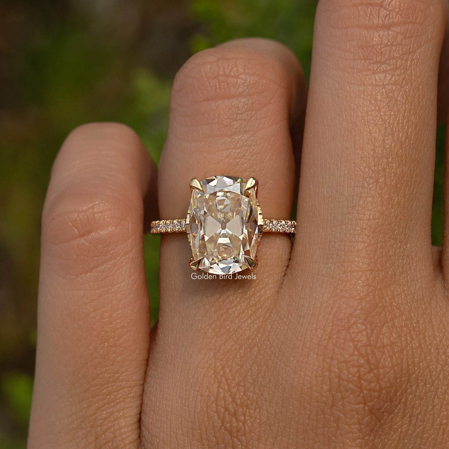 Elongated Old Mine Cushion Hidden Halo Moissanite Engagement Ring