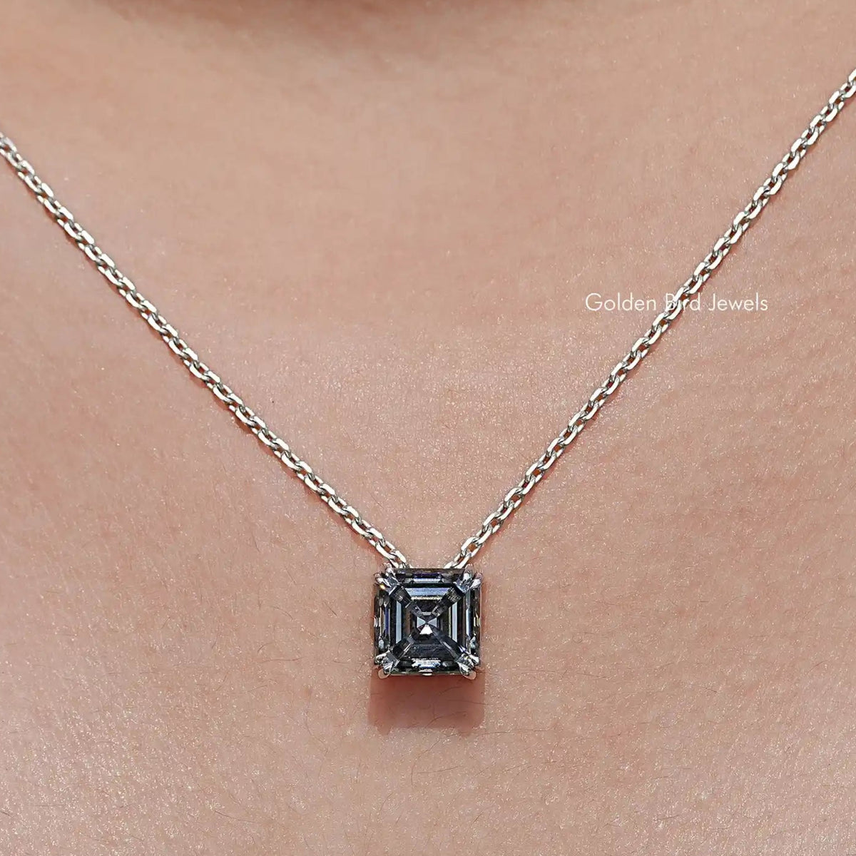 Front View of Gray Asscher Cut Moissanite Solitaire Pendant