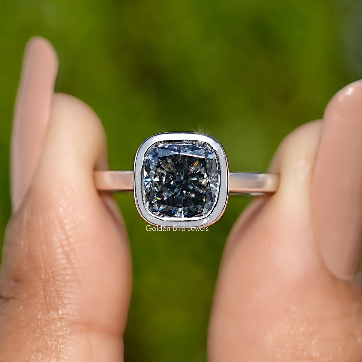 Front View of Bezel Set Square Cushion Moissanite Solitaire Ring