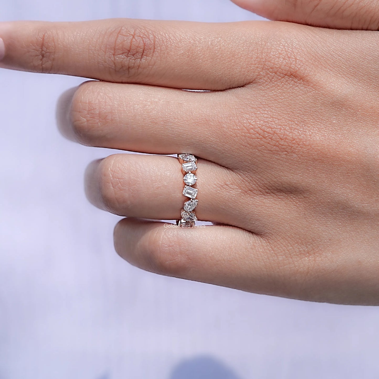 View of Multi Shape Diamond Accent Halo Wedding Ring in prongs setting