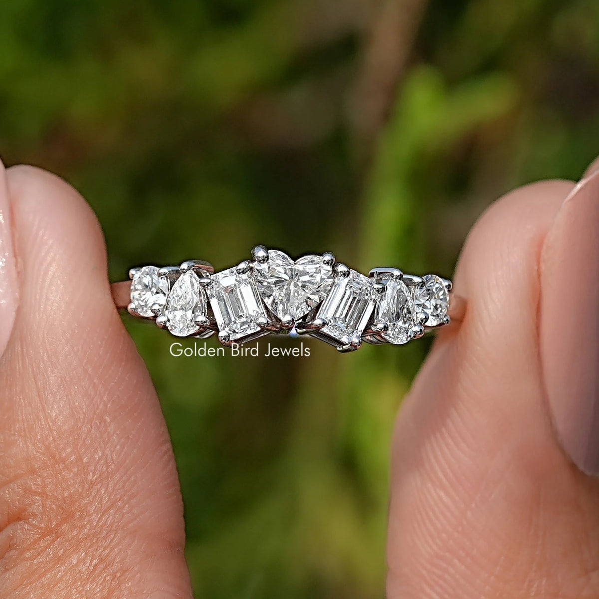 Front View of Multi Shape Lab Diamond Half Eternity Wedding Band