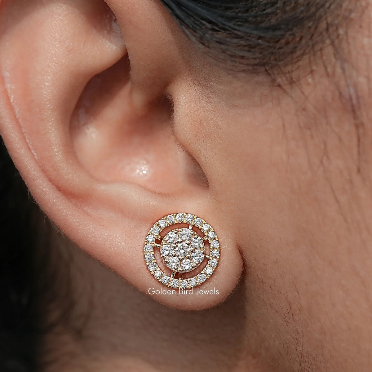 In Ear view of Round Cut Lab Diamond Cluster Stud Earrings