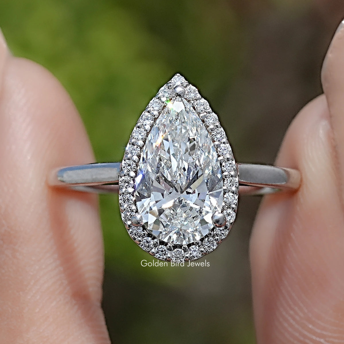 Front View of Pear Cut Lab Diamond Halo Engagement Ring