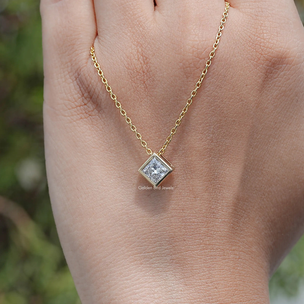 hand Showing View of Princess Cut Lab Diamond Pendant