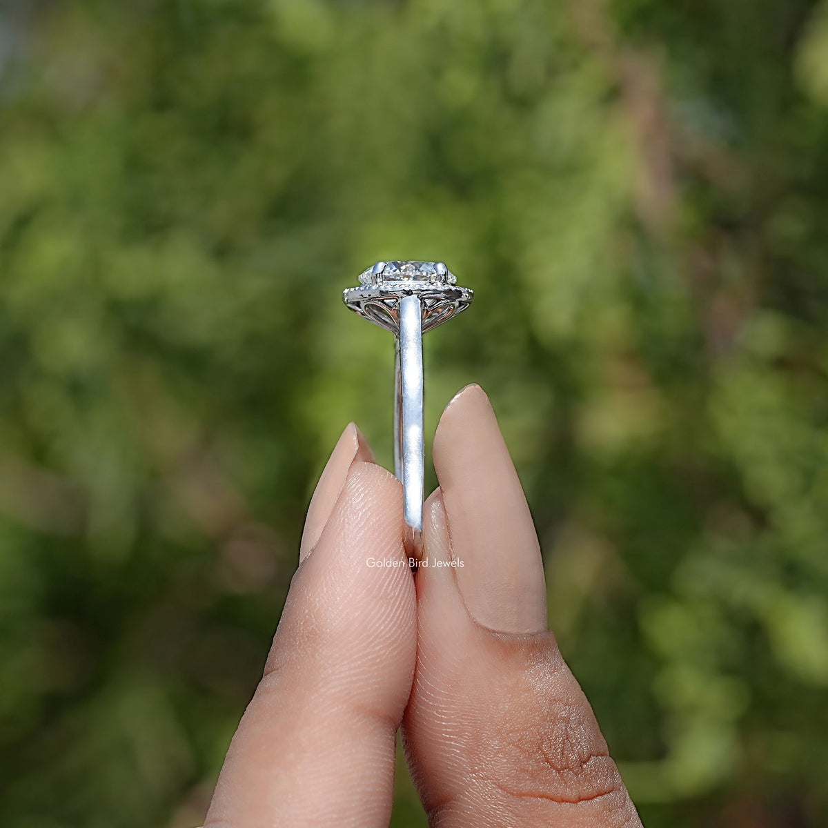 Side View Of Round Lab Diamond Halo Engagement Ring