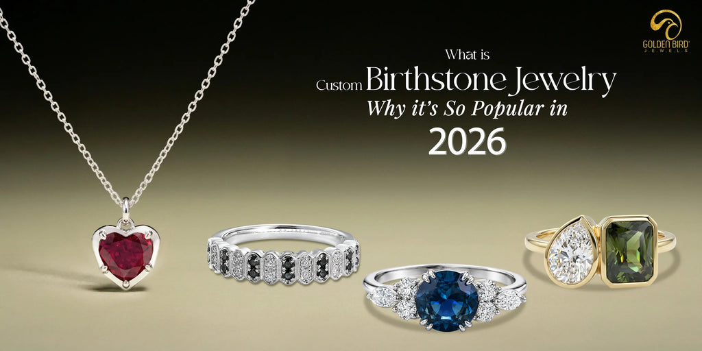 Birthstone jewelry collection with a gemstone pendant and rings in different colours and shapes