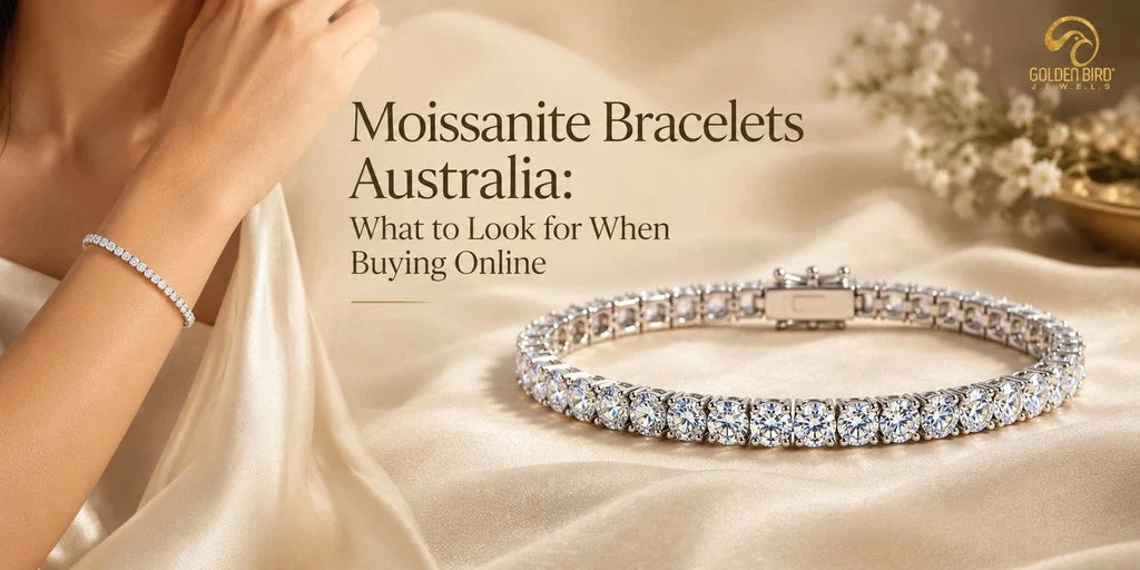 Round cut moissanite bracelet in polished white gold against a luxurious ivory background