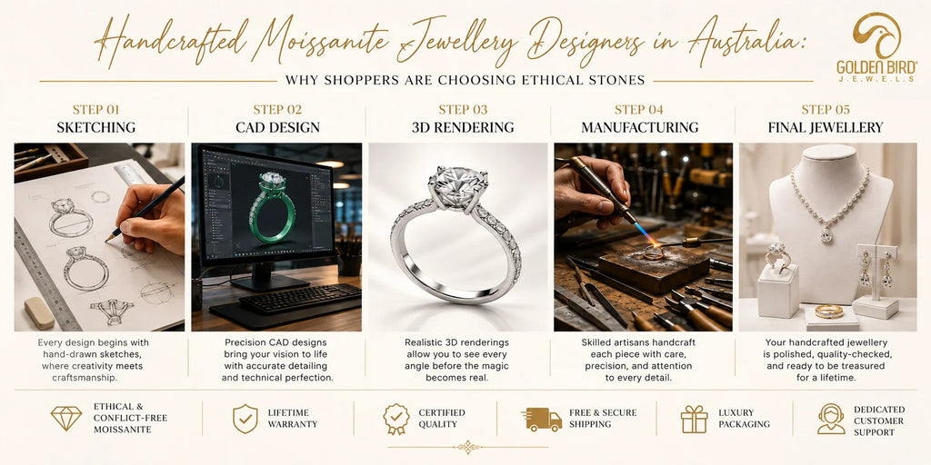 Handcrafted moissanite jewellery design process from sketch to finished jewellery