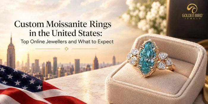 Gold ring featuring a blue center stone against a cream velvet jewelry box