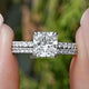 Square Radiant Cut Lab Diamond Bridal Ring  Held between fingers 