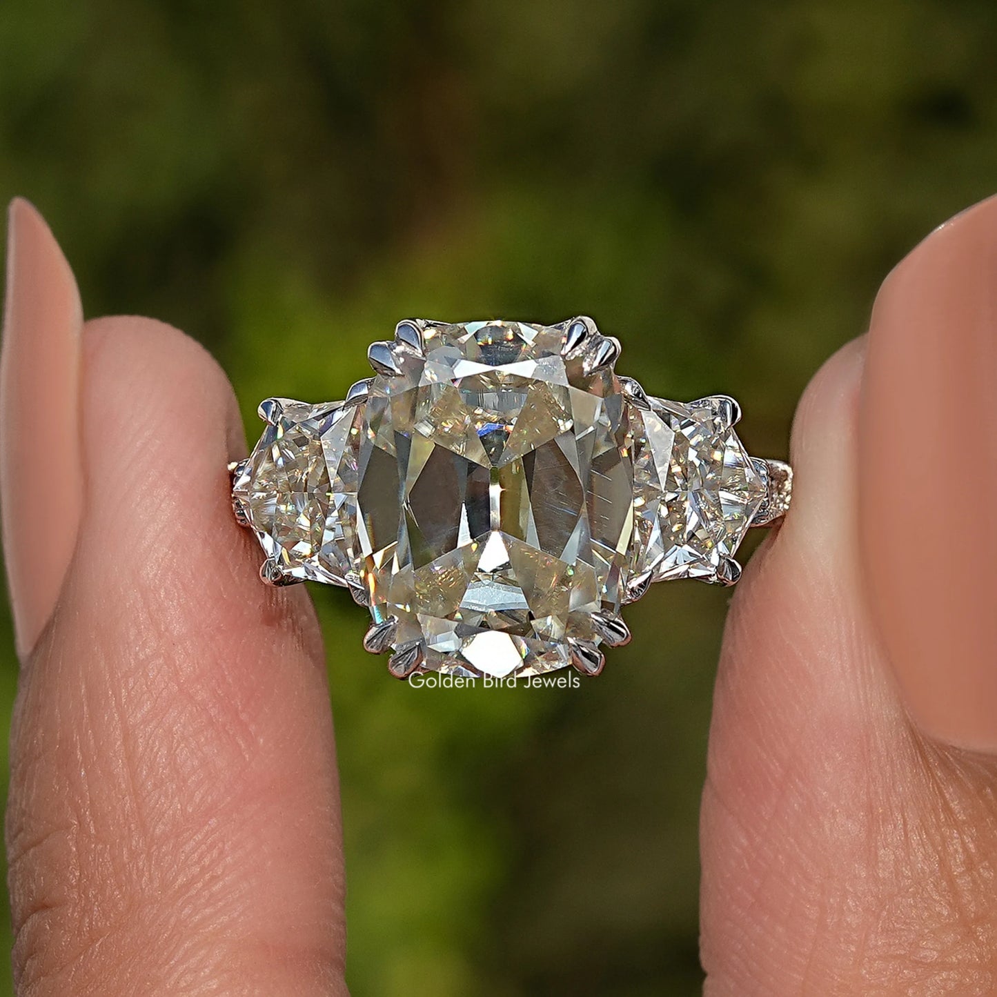 Old Mine Cushion Cut Antique Three Stone Moissanite Engagement Ring