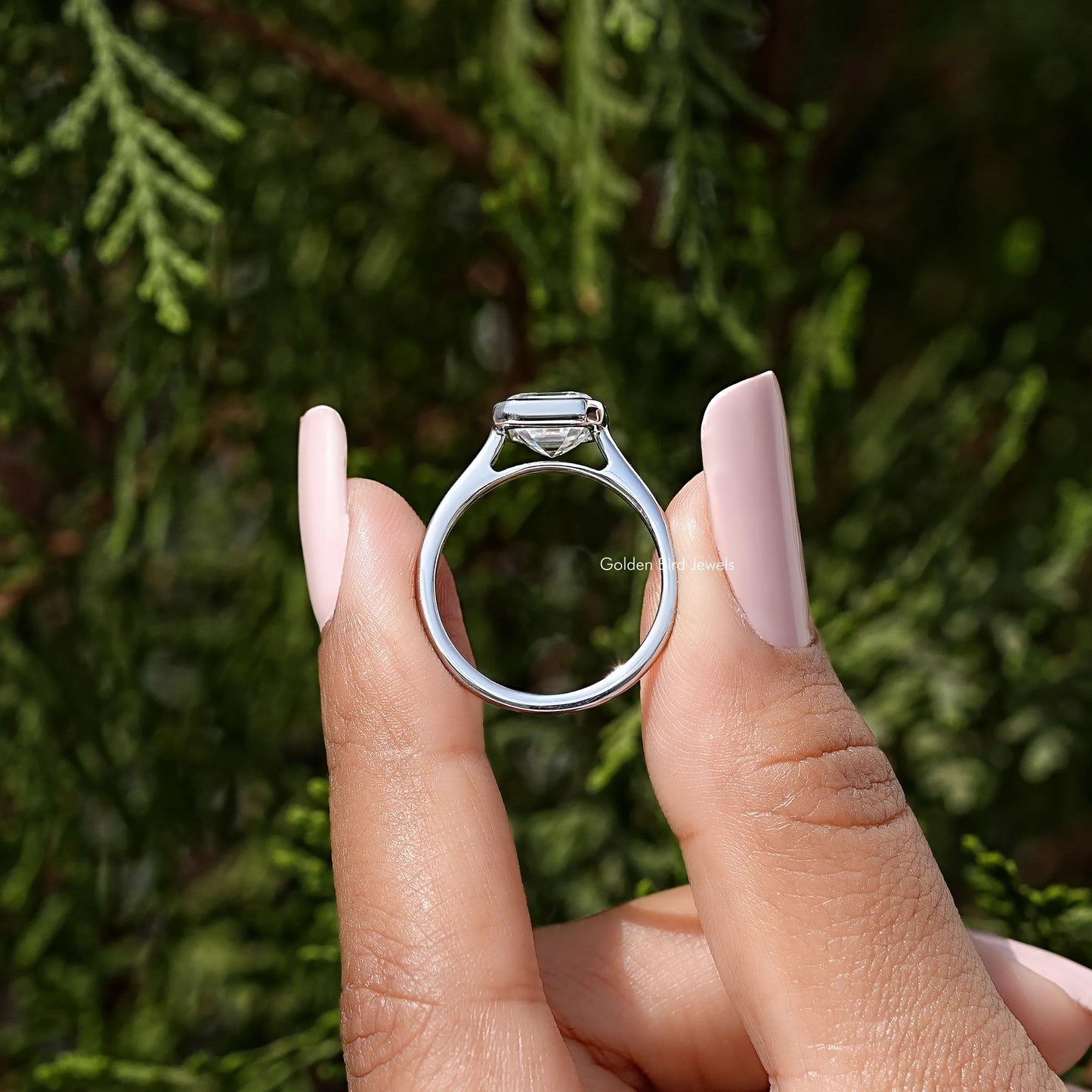 Asscher Cut Moiassnite Diamond Bezel Set Engagement Ring
