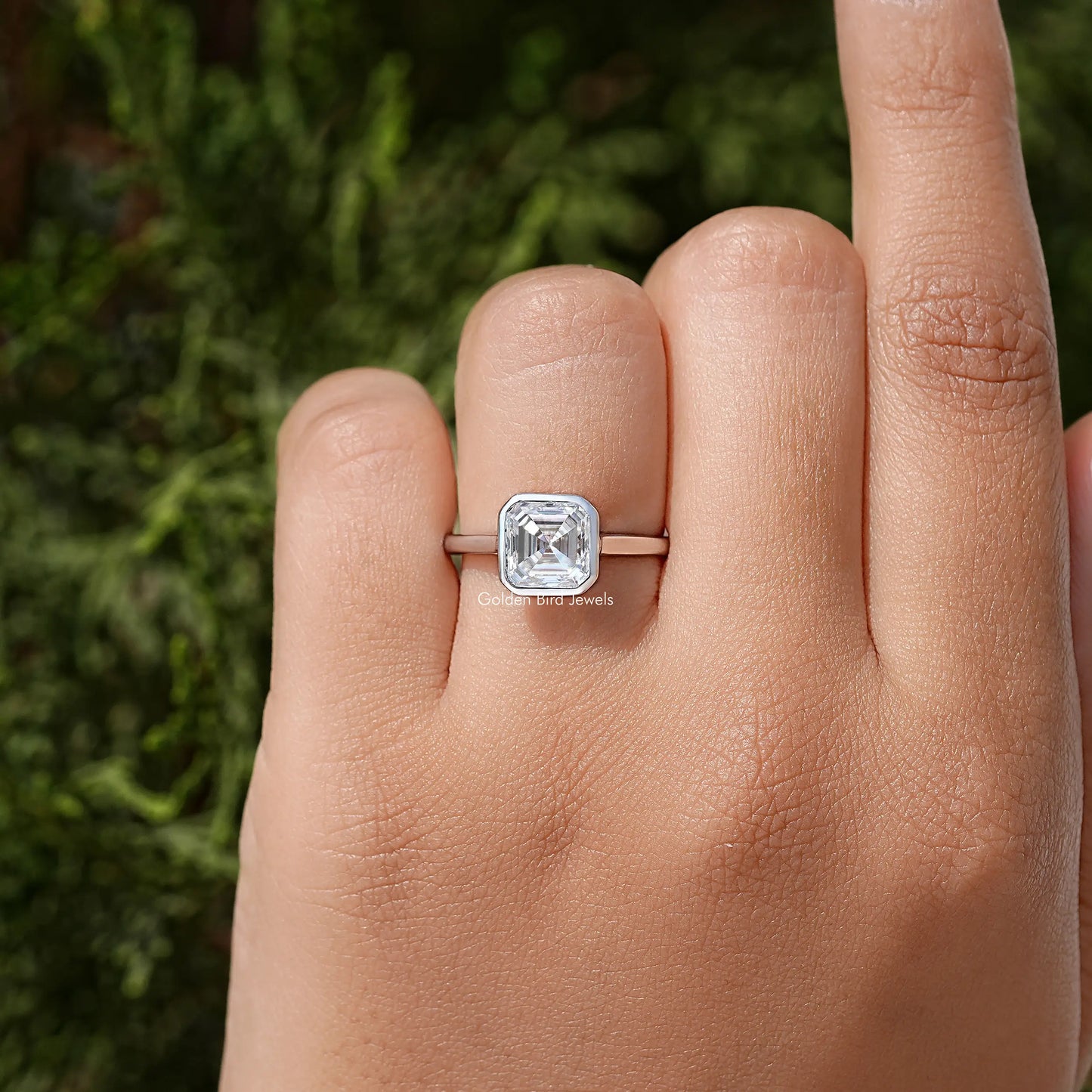Asscher Cut Moiassnite Diamond Bezel Set Engagement Ring