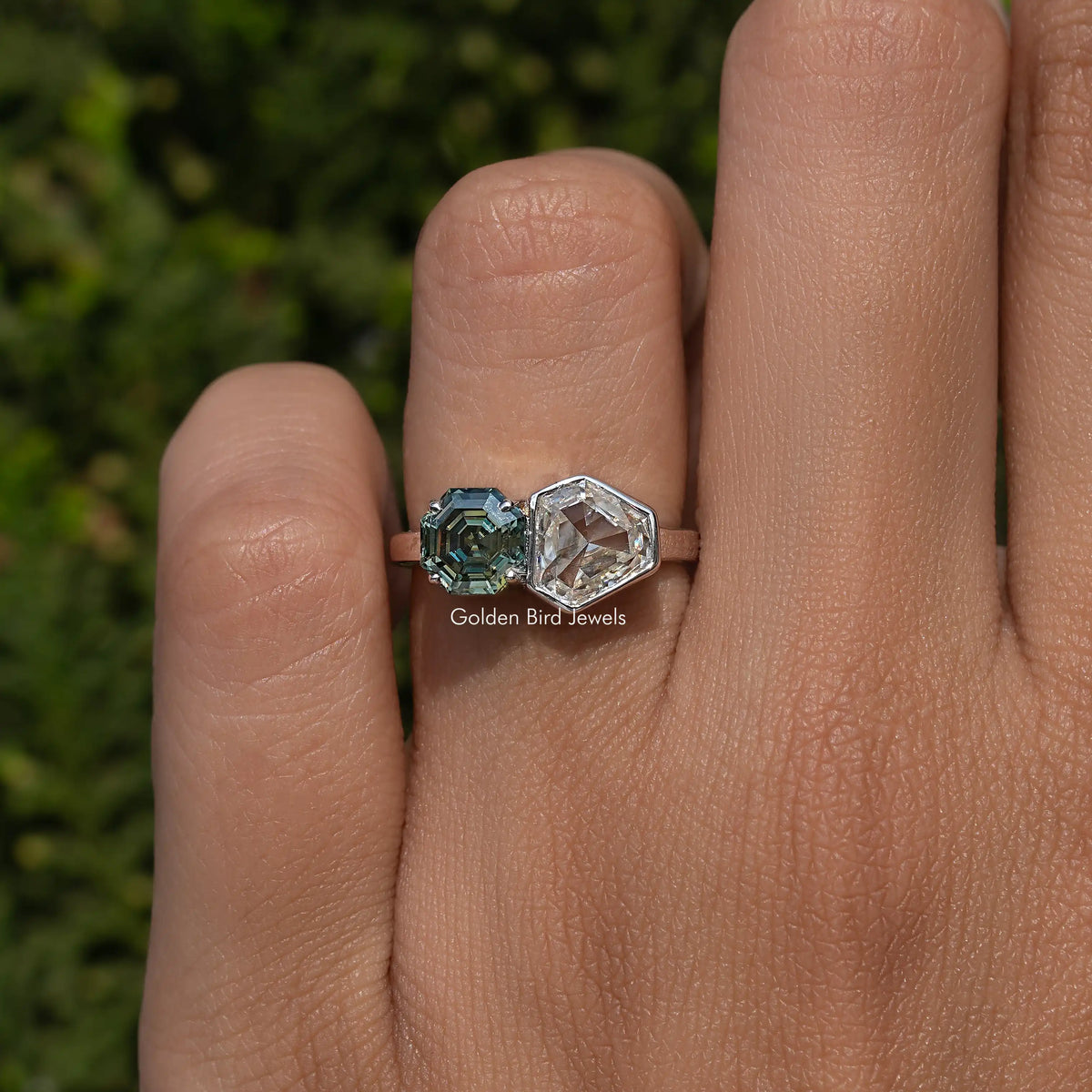 Shield Cut Moissanite Bezel Set Two Stone Ring