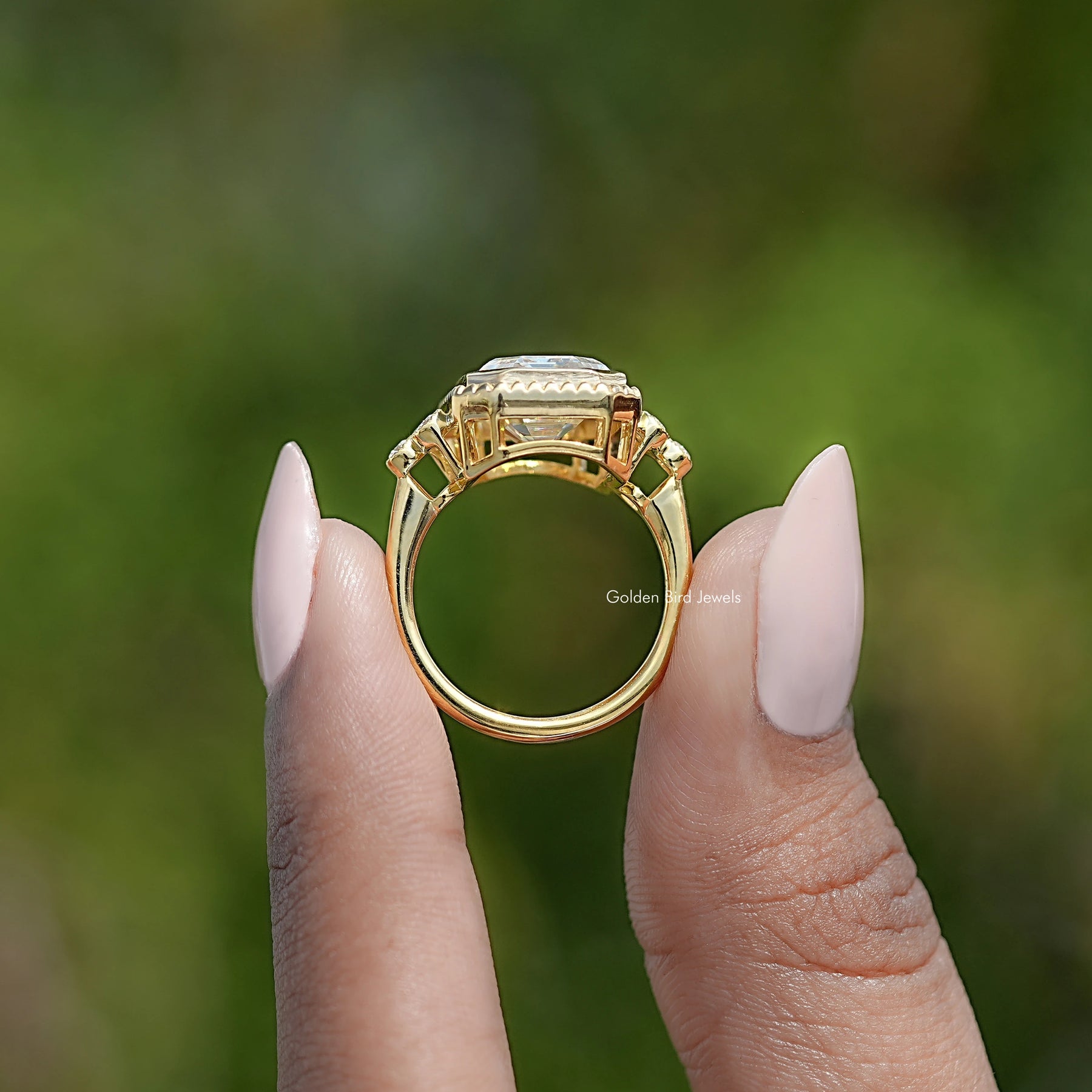 Back View Of Old Mine Emerald Cut Ring