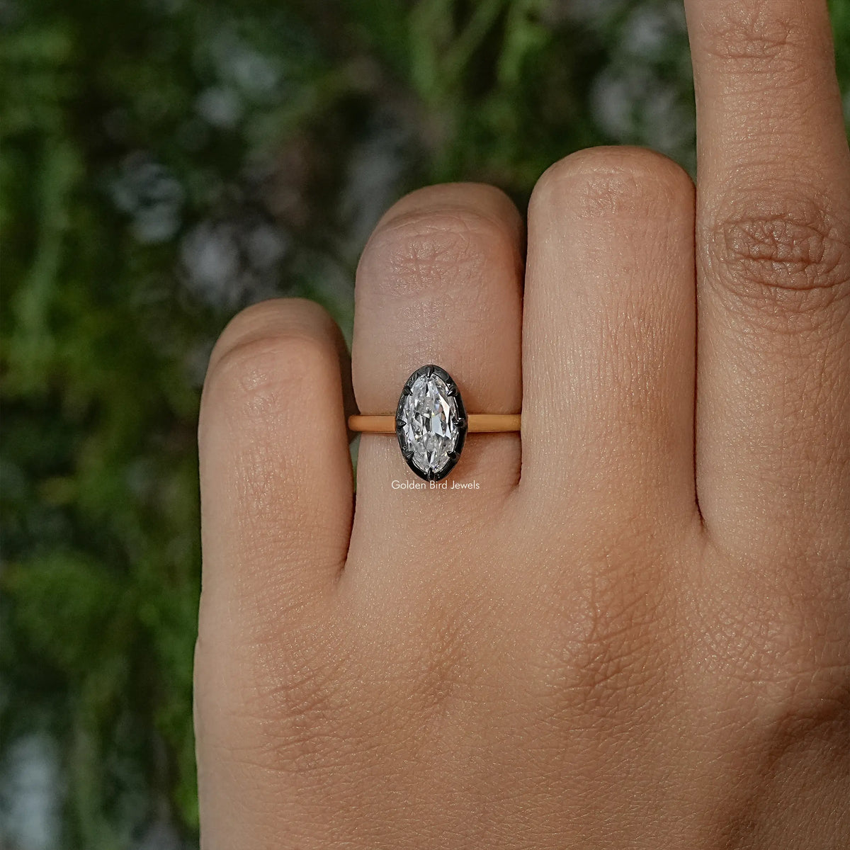 Black Bezel Old Mine Moval Moissanite Solitaire Ring