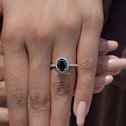 Black Oval Moissanite Gemstone Halo Accent Wedding Ring