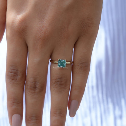 Cyan Blue Princess Cut Moissanite Solitaire Ring