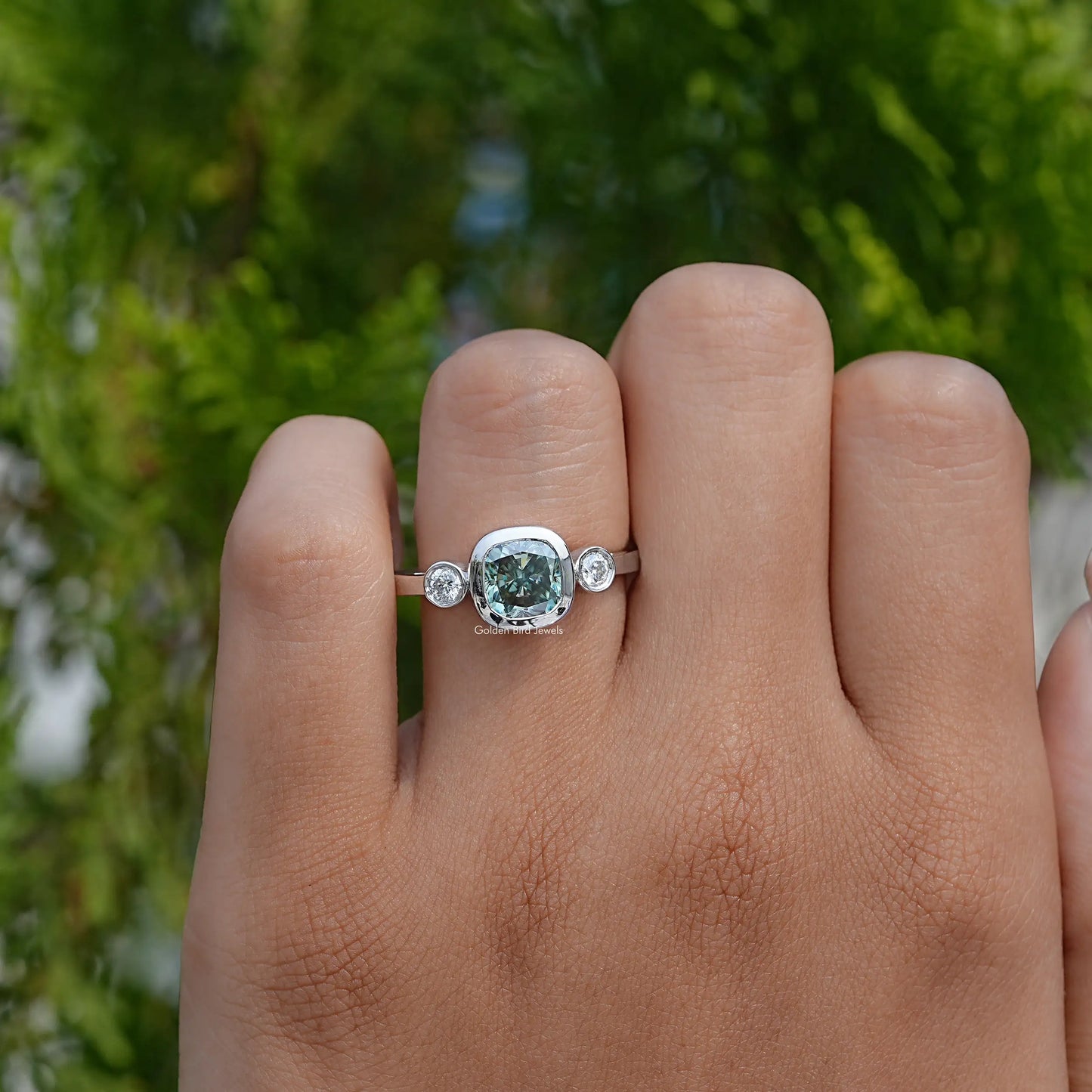 Three Stone Cushion Cut Moissanite Engagement Ring