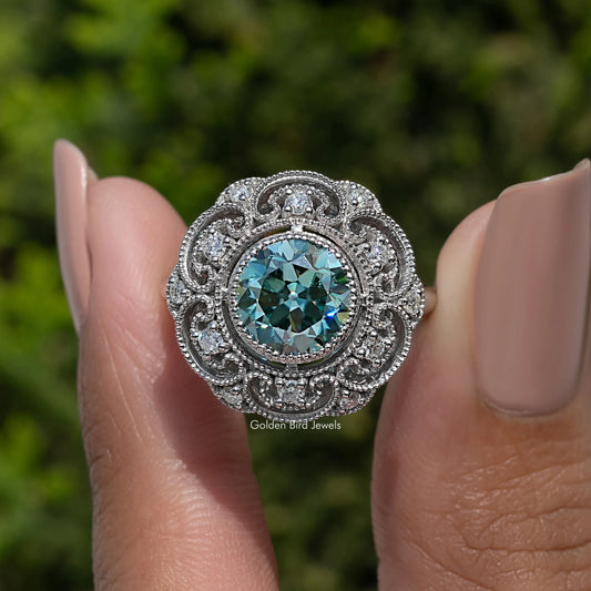 Blue Old Europen Round Cut Vintage Moissanite Ring