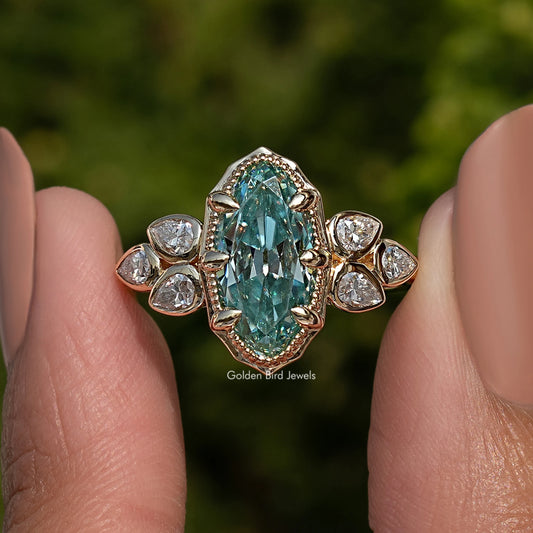 Blue Old Mine Moval Shaped Moissanite Ring