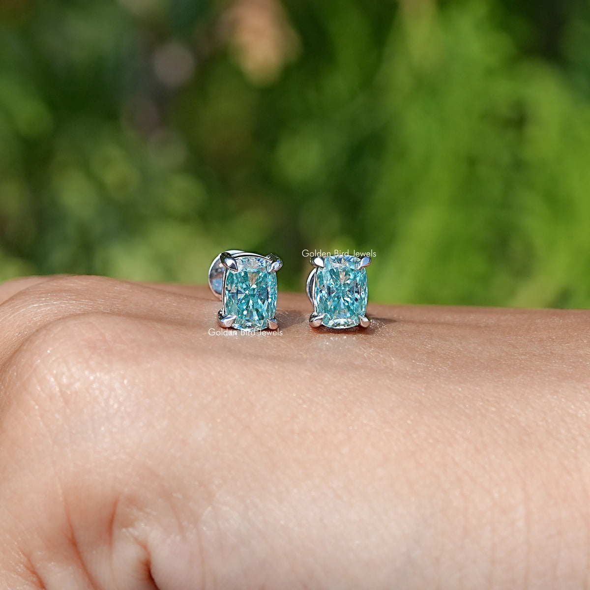Pair Of a Solid Blue elongated cushion Cut moissanite Stud Earrings
