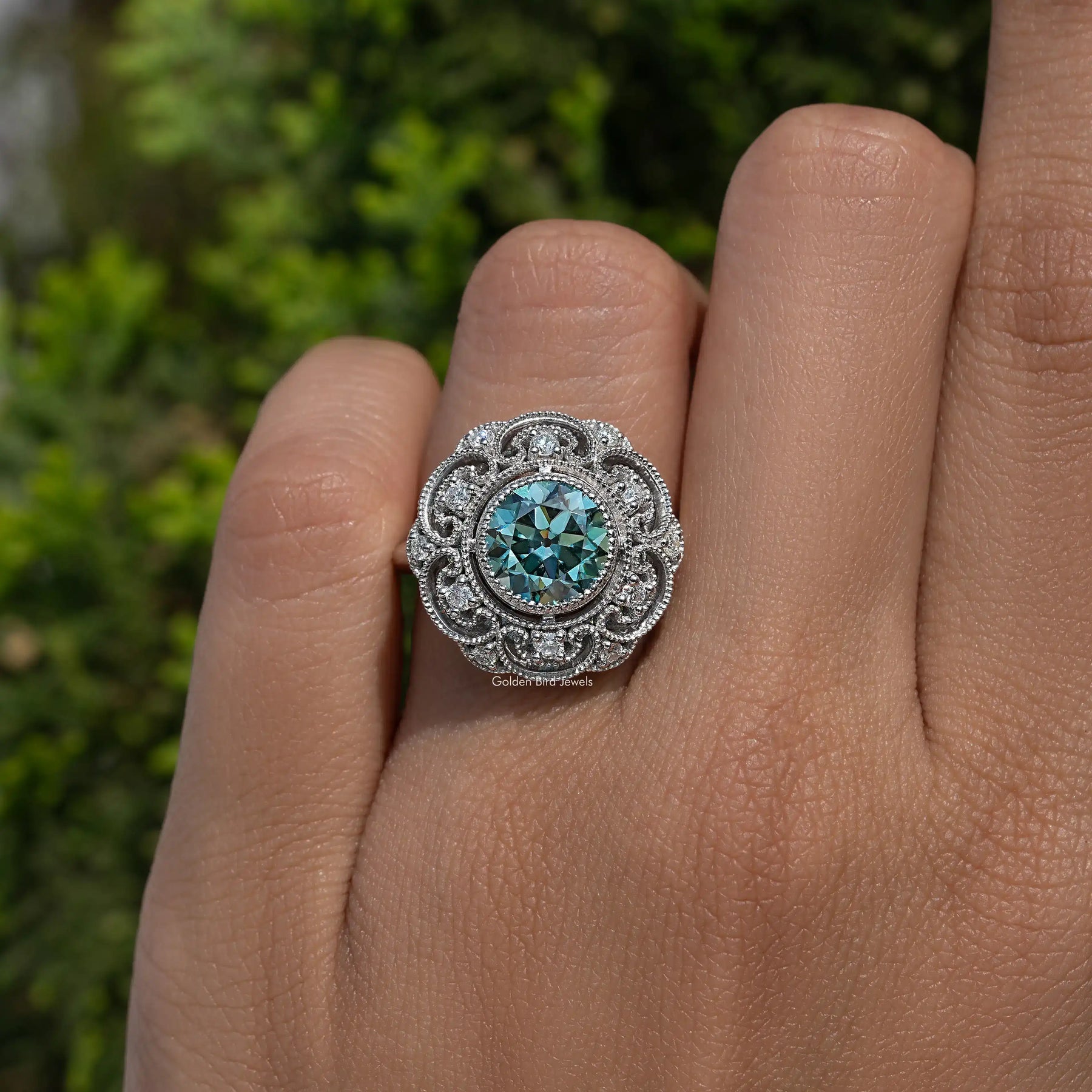 Blue Old Europen Round Cut Vintage Moissanite Ring