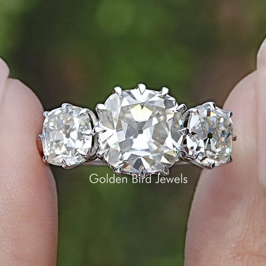 Front view of Old Mine Cushion Three Stone Moissanite Ring