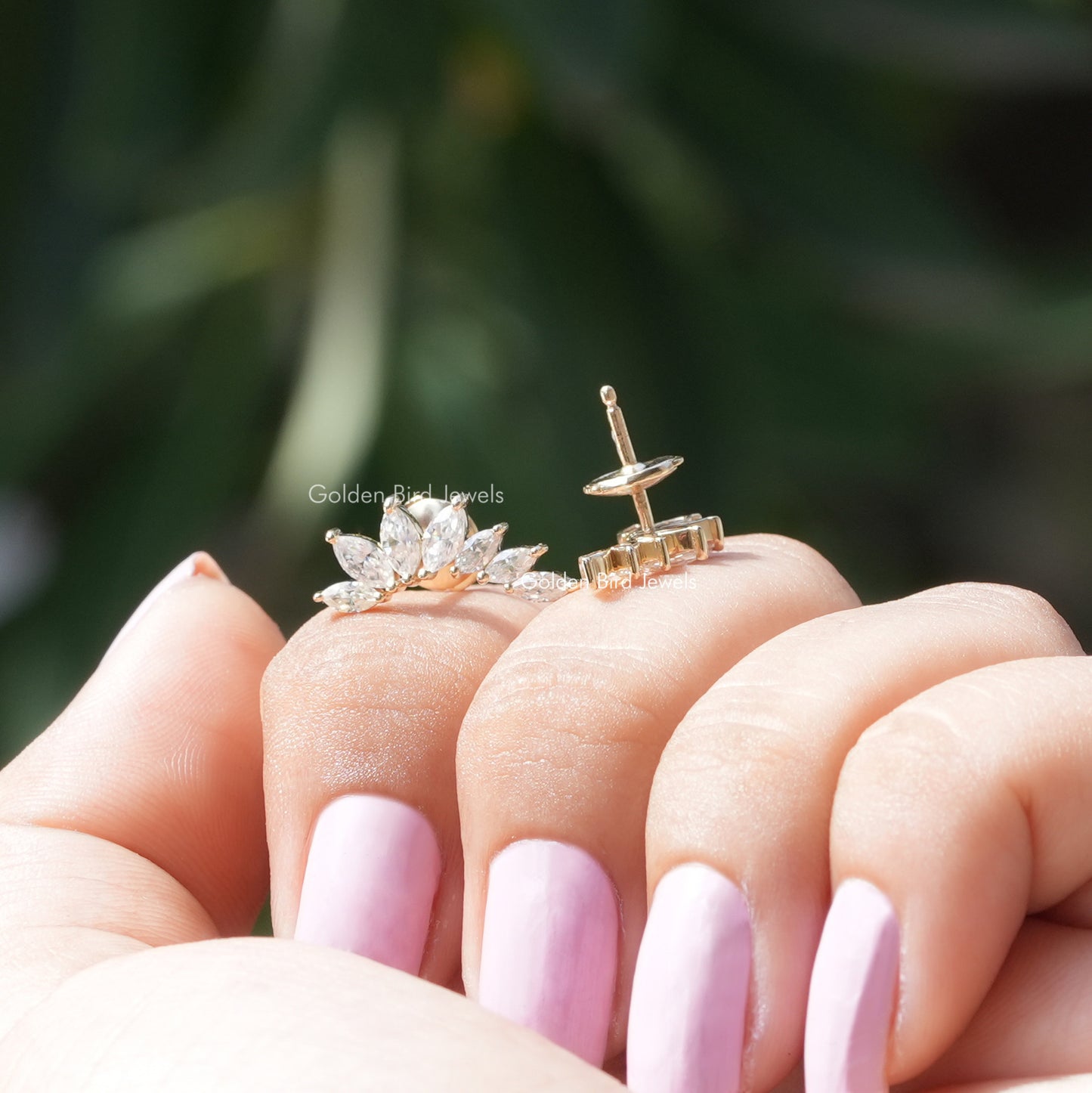 Front And Back Side View Of solitaire stud earrings crafted in moissanite
