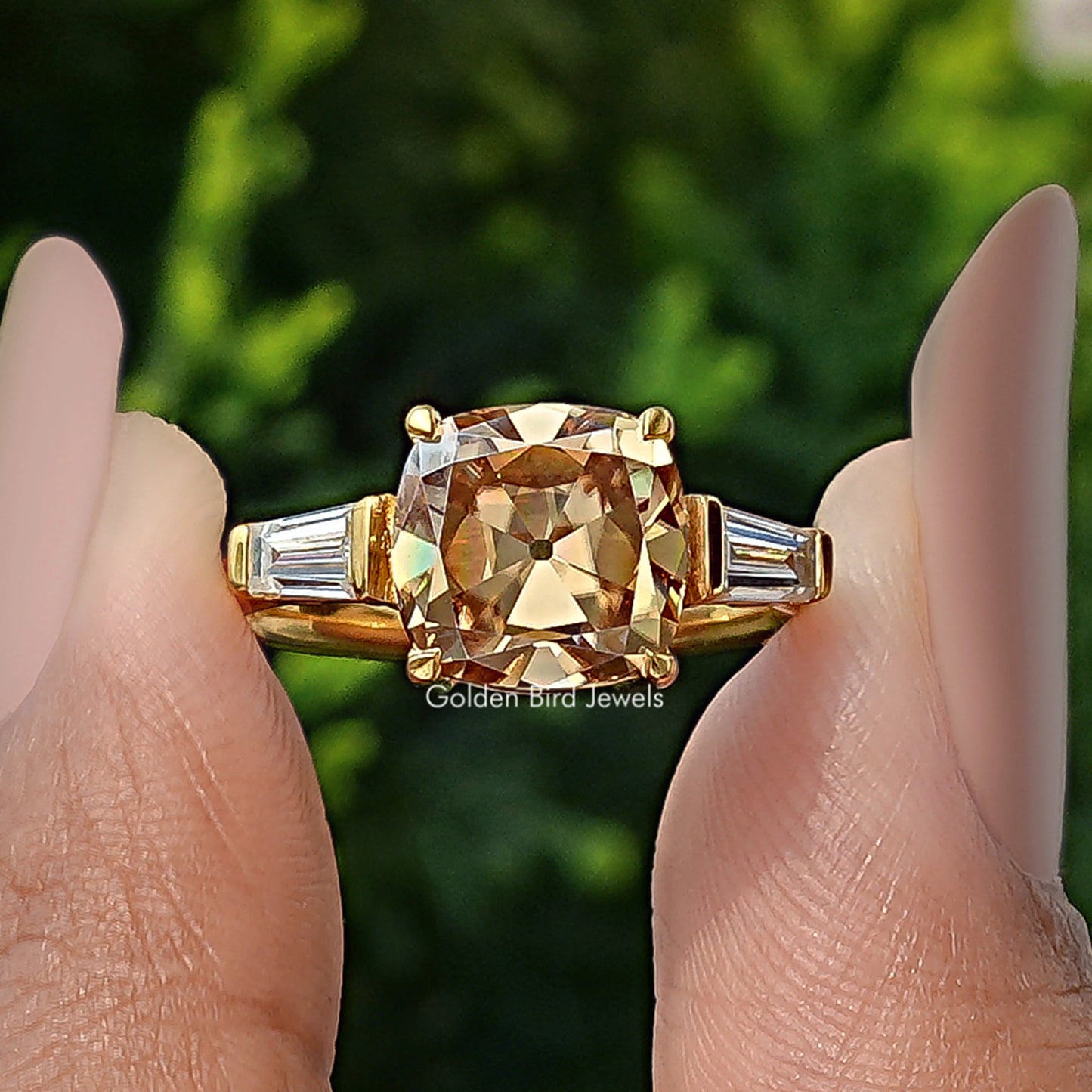 Old Mine Square Cushion Cut 3 Stone Engagement Ring
