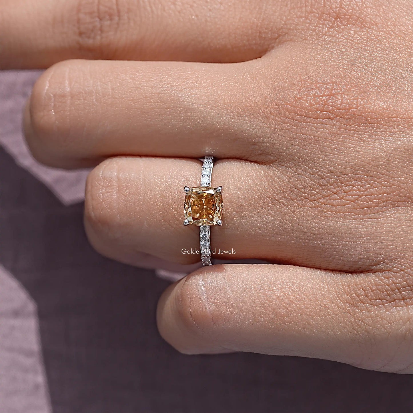 Cushion Cut Moissanite Gemstone Engagement Accent Ring