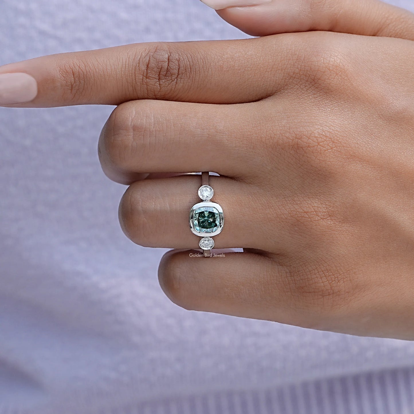 Three Stone Cushion Cut Moissanite Engagement Ring