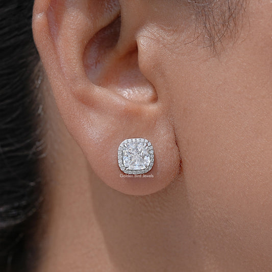 Cushion Cut Moissanite Halo Stud Earrings