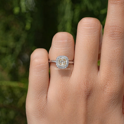 Champagne Old Mine Cushion Cut Moissanite Halo Ring