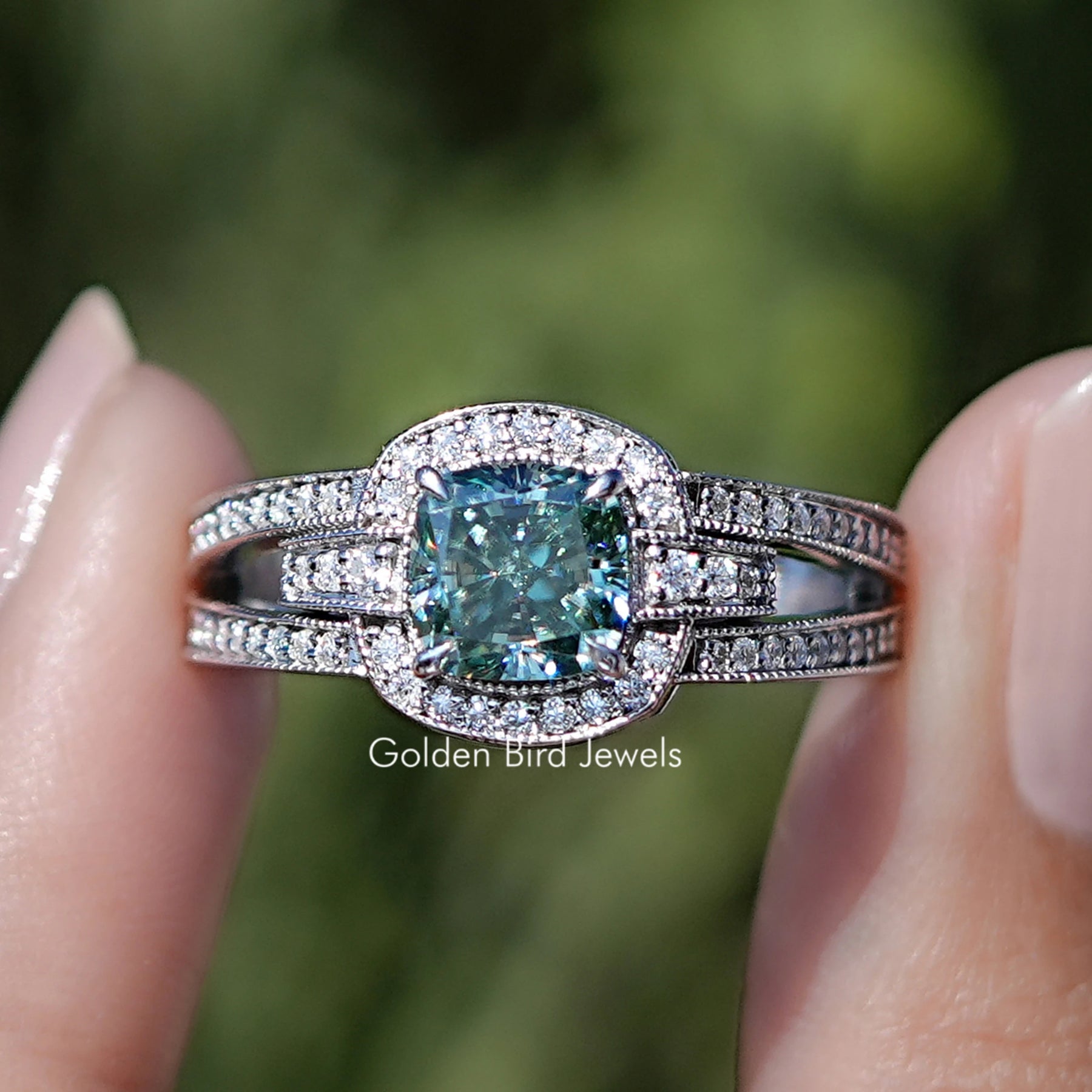 Front View Of Cushion Cut Moissanite Halo Engagement Ring