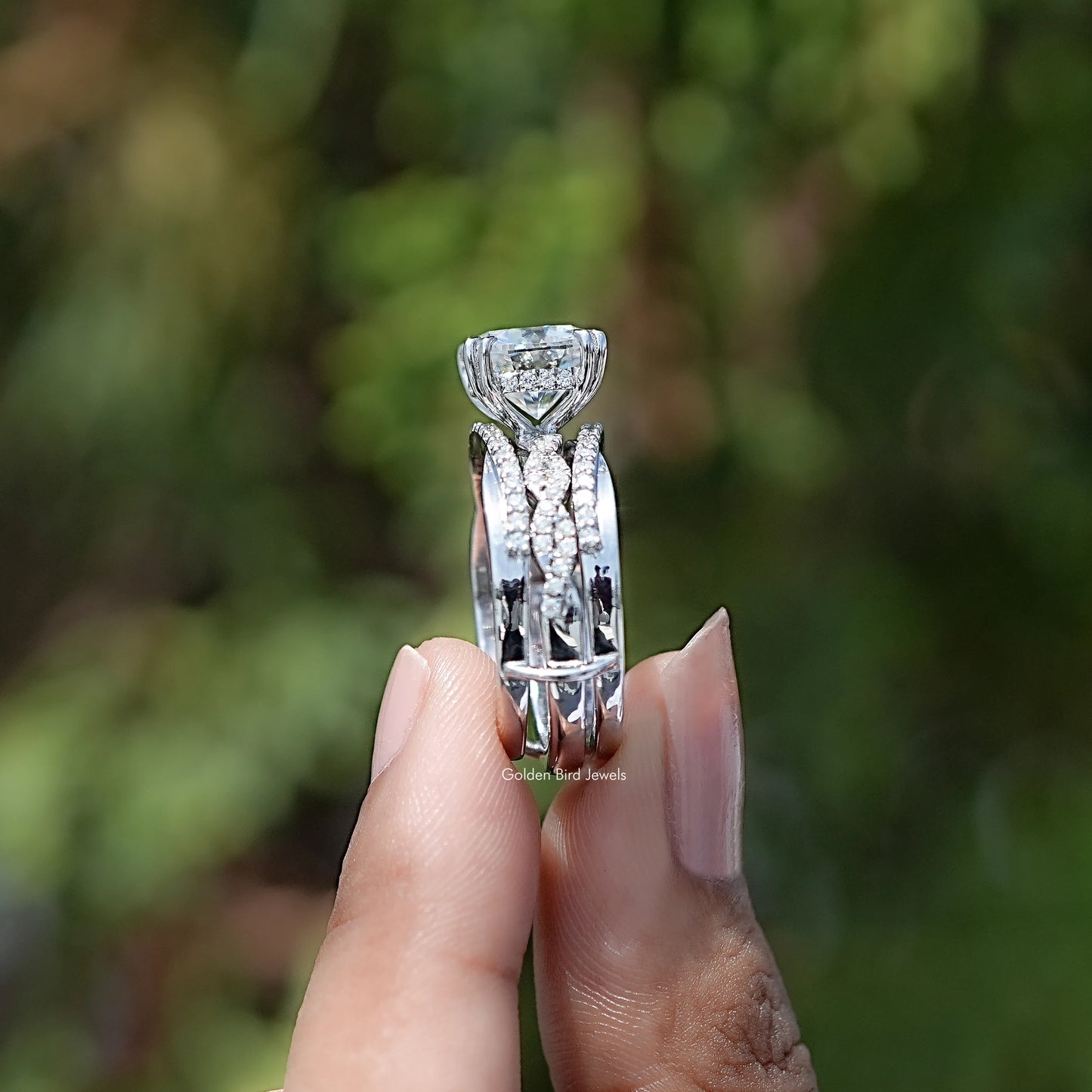Side View of Cushion Cut Moissanite Accent Bridal Ring Set