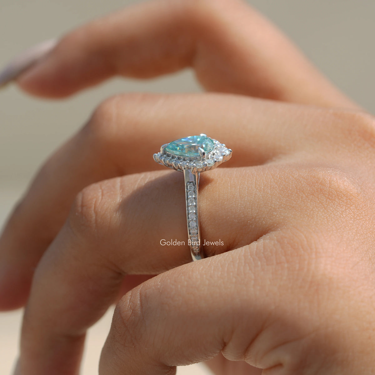 Pear Cut Moissanite Halo Solitaire Accent Ring
