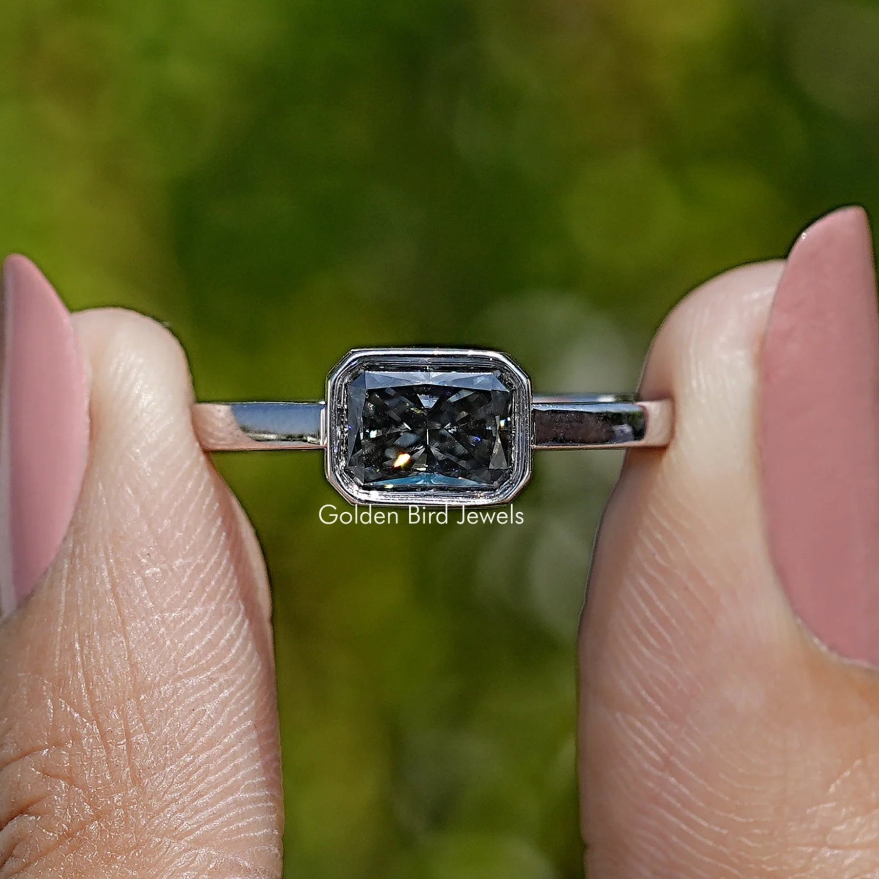 Front View of Gray Radiant Cut Moissanite Solitaire Ring
