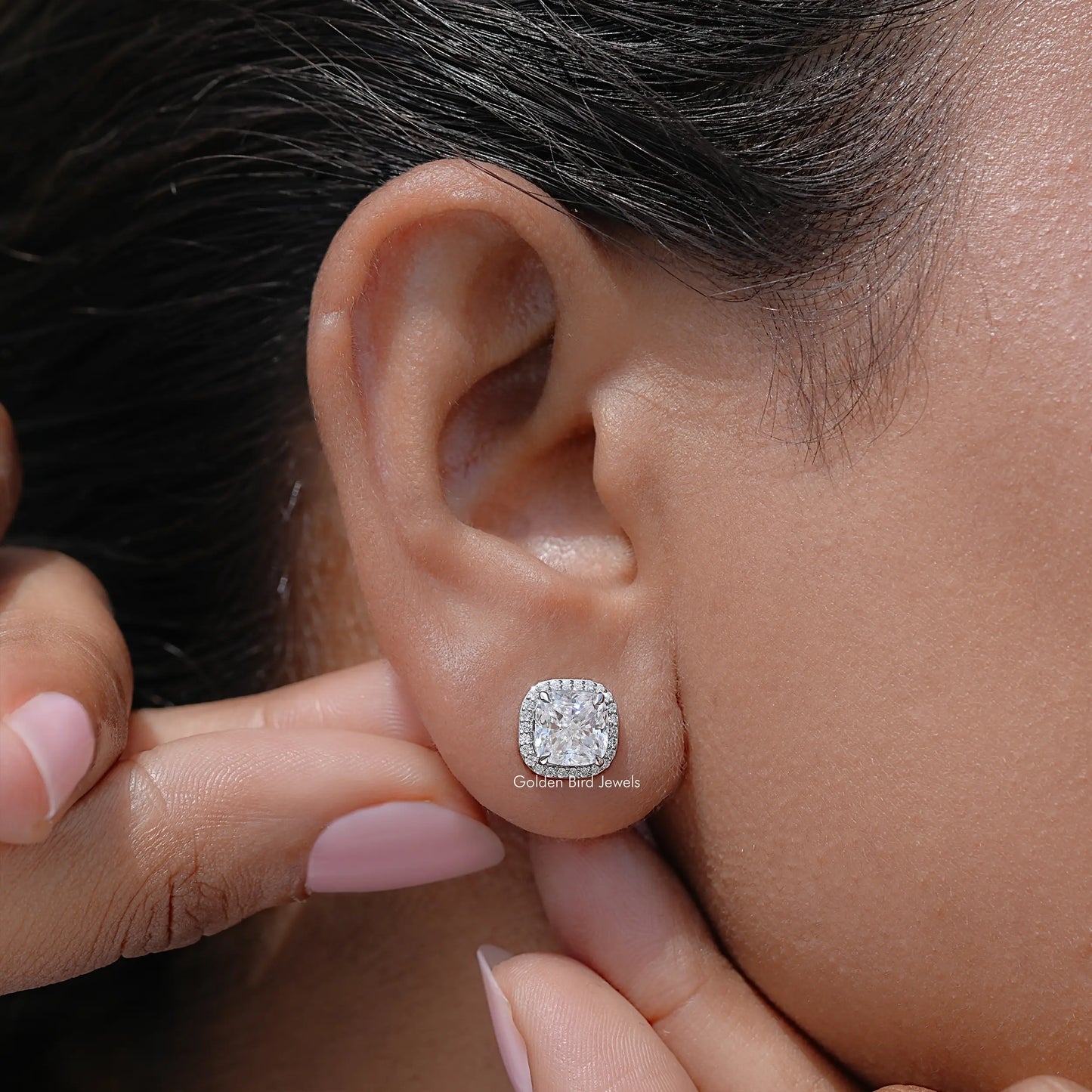 Cushion Cut Moissanite Halo Stud Earrings