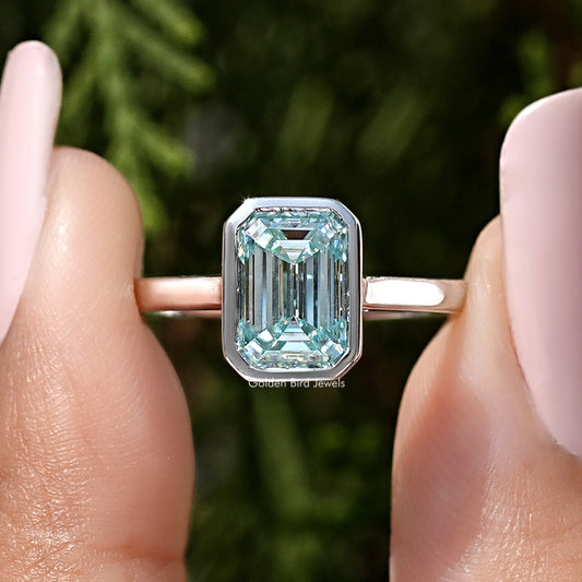 Blue Emerald Gemstone Bezel Set Moissanite Ring