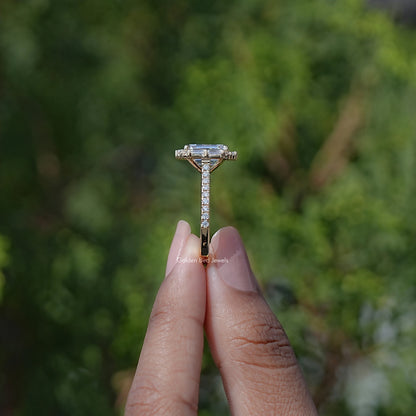 Emerald And Baguette Moissanite Halo Engagement Ring