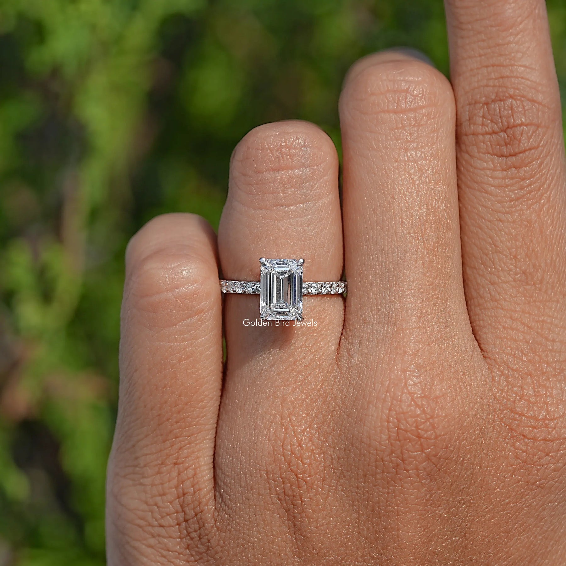Top View Of Emerald Cut Lab Diamond Hidden Halo Ring
